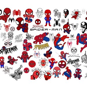 May include: A collection of colorful cartoon Spider-Man stickers featuring various poses and designs. The stickers are perfect for decorating notebooks, laptops, water bottles, and other surfaces.