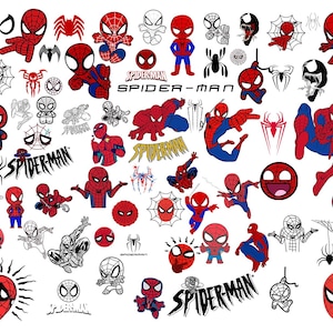 May include: A collection of red and black cartoon spider-man stickers. The stickers feature a variety of poses and expressions, including a spider-man with a web, a spider-man with a smile, and a spider-man with a frown. The stickers are perfect for adding a touch of fun to any project.