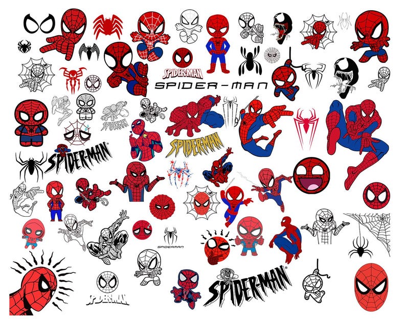 May include: A collection of red and black cartoon spider-man stickers. The stickers feature a variety of poses and expressions, including a spider-man with a web, a spider-man with a smile, and a spider-man with a frown. The stickers are perfect for adding a touch of fun to any project.