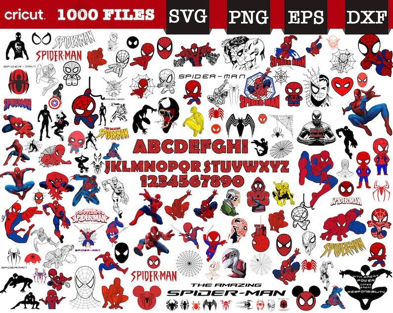May include: A collection of 1000 digital files featuring various images of Spider-Man in different poses and styles. The files are available in SVG, PNG, EPS, and DXF formats. The text "The Amazing Spider-Man" is also included.