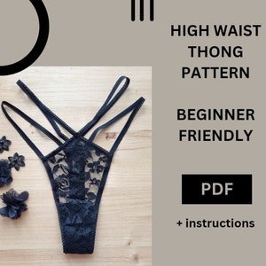 Può includere: Modello di tanga in pizzo nero a vita alta con cinturini incrociati. Istruzioni PDF facili per principianti incluse.