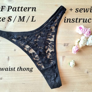 May include: Black lace high waist thong underwear sewing pattern. PDF pattern includes sizes S, M, and L.  + sewing instruction.