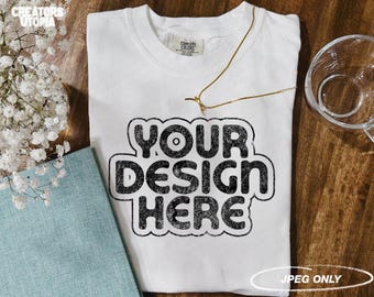 Comfort Colors 1717 T-Shirt White Mock Up | Comfort Colors 1717 Mockup | Folded T-Shirt | C1717 Tee | Vintage Boho Mockup | Flat Lay Mockup