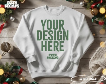 White Crewneck Sweatshirt Mockup Christmas Flatlay Cozy Holiday Decor Red Green Ribbon Festive Aesthetic JPEG Mockup for Etsy POD Sellers
