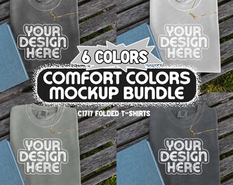 May include: Six folded t-shirts in different colors, including gray, white, and green, with the text "YOUR DESIGN HERE" printed on each shirt. The shirts are arranged on a wooden bench with a blue notebook and the text "6 COLORS COMFORT COLORS MOCKUP BUNDLE C1717 FOLDED T-SHIRTS JPEG ONLY" printed on the image.