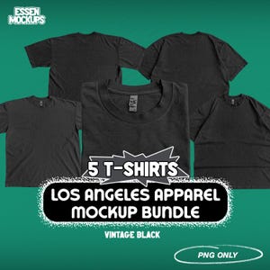 Könnte beinhalten: Fünf Vintage-Black-T-Shirt-Mockups im Bundle. Die T-Shirts liegen flach auf einem grünen Hintergrund. Der Text "5 T-Shirts", "Los Angeles Apparel Mockup Bundle", "Vintage Black" und "PNG Only" ist auf dem Bild sichtbar.