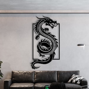 Dragon Metal Wall Art for Living Room, Black Steel Chinese Dragon Wall Decor, Fierce Modern Wall Sculpture for Home or Office Accent