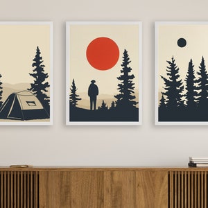 Set of 3 Mid Century Modern Camping Wall Art Prints - Vintage Camping Poster Set for Nature Enthusiasts - Retro Adventure Decor