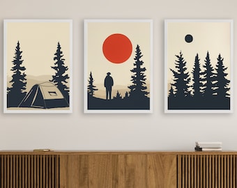 Set of 3 Mid Century Modern Camping Wall Art Prints - Vintage Camping Poster Set for Nature Enthusiasts - Retro Adventure Decor