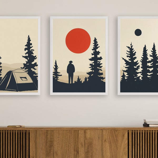 Set of 3 Mid Century Modern Camping Wall Art Prints - Vintage Camping Poster Set for Nature Enthusiasts - Retro Adventure Decor