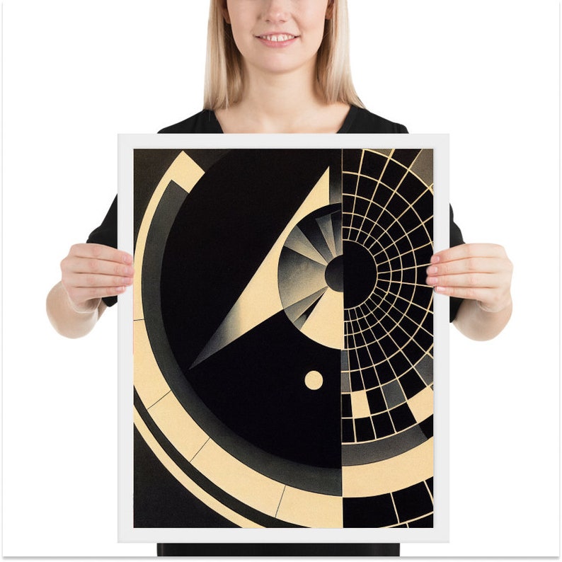 Puede incluir: Impresi&oacute;n de arte geom&eacute;trico abstracto con formas negras, blancas y grises. La impresi&oacute;n presenta un c&iacute;rculo grande con un patr&oacute;n de cuadr&iacute;cula y un c&iacute;rculo m&aacute;s peque&ntilde;o con un patr&oacute;n radial. La impresi&oacute;n est&aacute; enmarcada en un marco blanco.