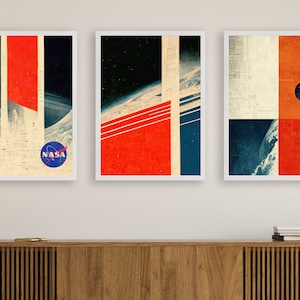 3 NASA Mid Century Modern Abstract Art Prints, NASA Wall Art, Space wall art