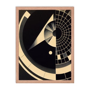 Puede incluir: Impresi&oacute;n de arte geom&eacute;trico abstracto en tonos negro, blanco y gris. La impresi&oacute;n presenta un c&iacute;rculo negro grande con un c&iacute;rculo blanco m&aacute;s peque&ntilde;o en su interior, un tri&aacute;ngulo blanco y un patr&oacute;n de cuadr&iacute;cula.