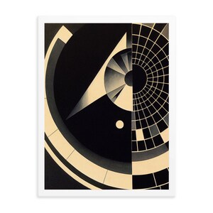 Puede incluir: Impresi&oacute;n de arte geom&eacute;trico abstracto con un dise&ntilde;o en blanco y negro con un patr&oacute;n circular y una forma triangular. La impresi&oacute;n tiene una est&eacute;tica vintage.