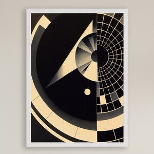 Puede incluir: Impresi&oacute;n de arte geom&eacute;trico abstracto en negro, blanco y gris. La impresi&oacute;n presenta un c&iacute;rculo negro grande con un tri&aacute;ngulo blanco en su interior y un c&iacute;rculo blanco m&aacute;s peque&ntilde;o en el centro. El lado derecho de la impresi&oacute;n presenta un patr&oacute;n de cuadr&iacute;cula en blanco y negro.