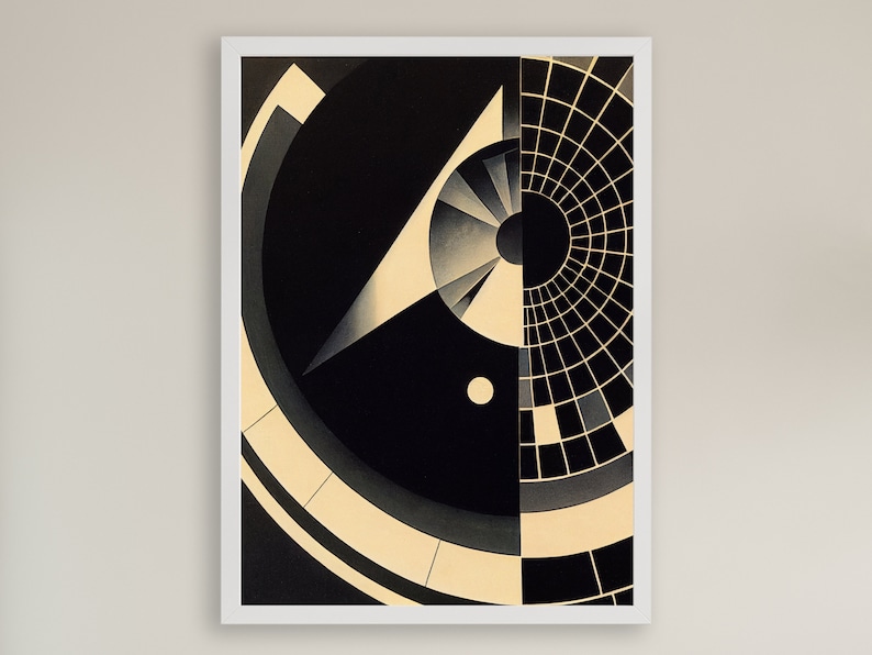 Puede incluir: Impresi&oacute;n de arte geom&eacute;trico abstracto en negro, blanco y gris. La impresi&oacute;n presenta un c&iacute;rculo negro grande con un tri&aacute;ngulo blanco en su interior y un c&iacute;rculo blanco m&aacute;s peque&ntilde;o en el centro. El lado derecho de la impresi&oacute;n presenta un patr&oacute;n de cuadr&iacute;cula en blanco y negro.