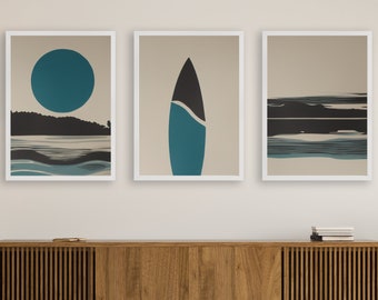 May include: Three framed abstract art prints with a teal and black color scheme. The prints feature a circle, a surfboard, and a landscape with waves.