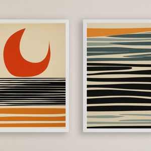 Set of 2 Mid Century Modern Beach Waves Wall Art - Coastal Surfing Decor, Vintage Nautical Prints, Retro Coastal Home Decor