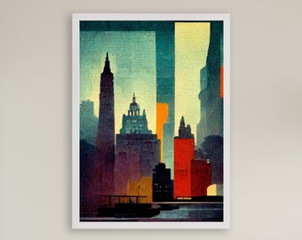 Impresión artística moderna de mediados de siglo de la ciudad de Nueva York: Arte mural abstracto de Chicago