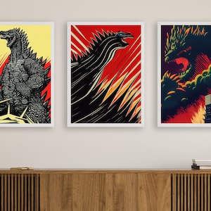 3 stampe d'arte astratta moderna ispirate a Godzilla della metà del secolo, arte della parete ispirata a Godzilla