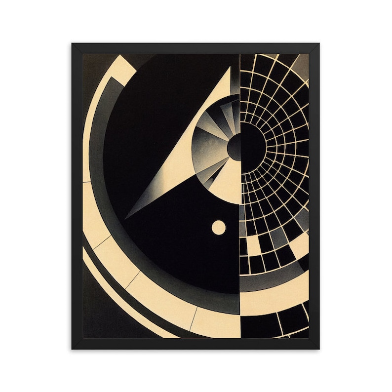Puede incluir: Impresi&oacute;n de arte geom&eacute;trico abstracto con formas negras y blancas sobre un fondo crema. El dise&ntilde;o presenta un c&iacute;rculo negro grande con un c&iacute;rculo blanco m&aacute;s peque&ntilde;o en su interior, un tri&aacute;ngulo negro y un patr&oacute;n de cuadr&iacute;cula.