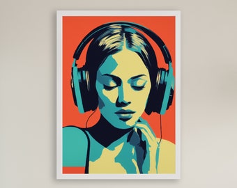 Retro Music Girl Poster: Mid Century Modern Headphones Wall Art