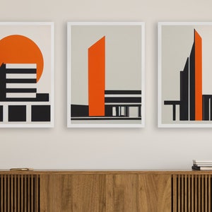 Set of 3 Mid Century Modern Architecture Prints, 1960s art - Vintage Screen Print Poster - Retro Wall Art - Bauhaus Design Poster Print