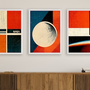 3 impresiones de arte abstracto moderno de mediados de siglo de la NASA, arte de pared de la NASA, arte de pared espacial, regalo de la NASA
