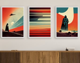 May include: Three framed art prints with a Star Wars theme. The left print features a dark figure in a black cape standing on a red and orange landscape with a spaceship flying overhead. The middle print is a colorful abstract design with horizontal stripes in shades of red, orange, yellow, and blue. The right print features a dark figure in a black cape standing on a red and orange landscape with a spaceship flying overhead.
