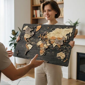May include: A wooden world map with countries in shades of brown, beige, and orange, set against a dark grey backdrop. The map is held by a person. The map features country names and a compass rose.