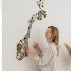 Könnte beinhalten: Eine Holzkarte von Norwegen mit regionalen Namen, an einer weißen Wand befestigt. Die Karte besteht aus verschiedenen Holzfarben mit natürlichem Finish. Die Karte ist ein dekorativer Wandschmuck.
