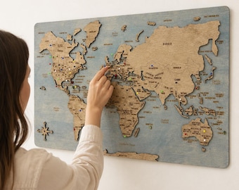 Personalized Wooden Push Pin World Map, Travel Tracker Pin Board Wall Art with 150 Pins, Christmas Gift For Her