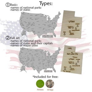 May include: A wooden map of the United States with state names and national park locations. Two smaller wooden cutouts of Utah are also shown, with the names of parks and cities. The image includes the text "Types:" and "Included for free:" with additional text.