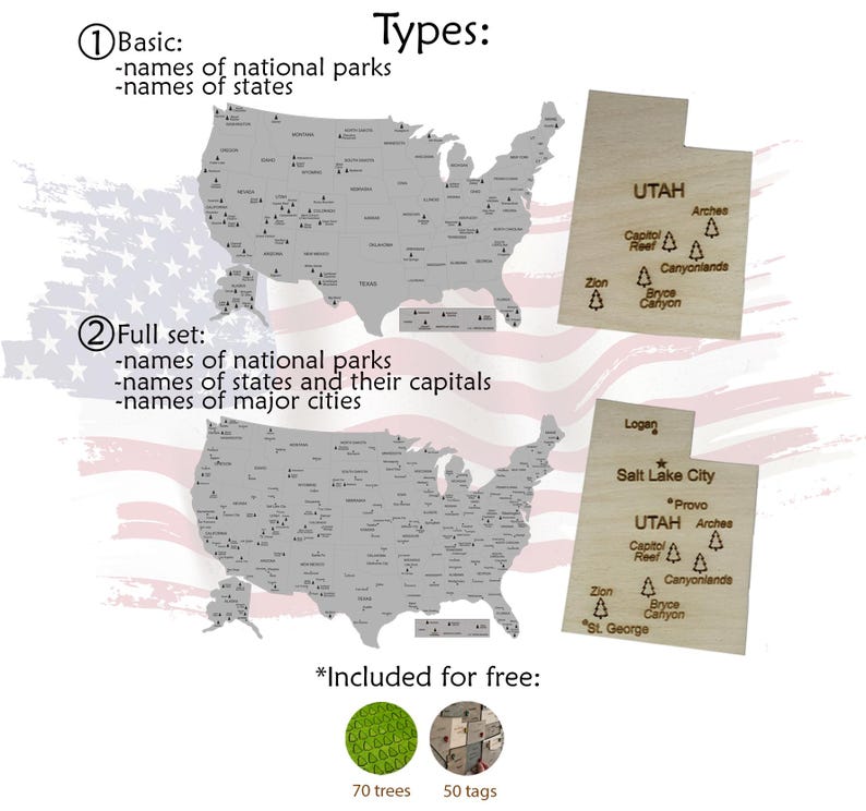 May include: A wooden map of the United States with state names and national park locations. Two smaller wooden cutouts of Utah are also shown, with the names of parks and cities. The image includes the text "Types:" and "Included for free:" with additional text.