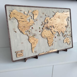Carte du monde avec épingle, carte du monde en bois, art mural, carte du monde, punaise, cadeau de voyage personnalisé pour lui, cadeau d'aventure pour papa, cadeau de couple, pour elle