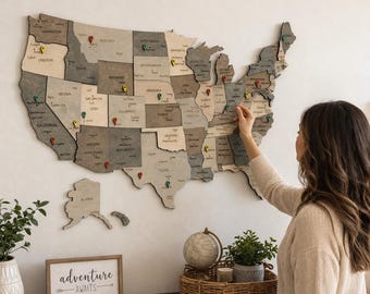 Wooden US Map Of United States Wood Wall Art US Travel Map Push Pin Map Wall Decor Home Decor Husband Gift Birthday Gift Anniversary Gift