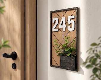 New Home Gift Idea, Custom Wood Address Plaque, House Number Sign with Plant, Vertical Apartment Numbers, Door Numbers, Christmas Gift