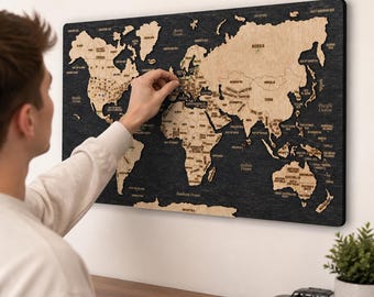 Wooden Push Pin World Map, Travel Tracker Pin Board Wall Art with 150 Pins, World Map Wall Art, Christmas Gift