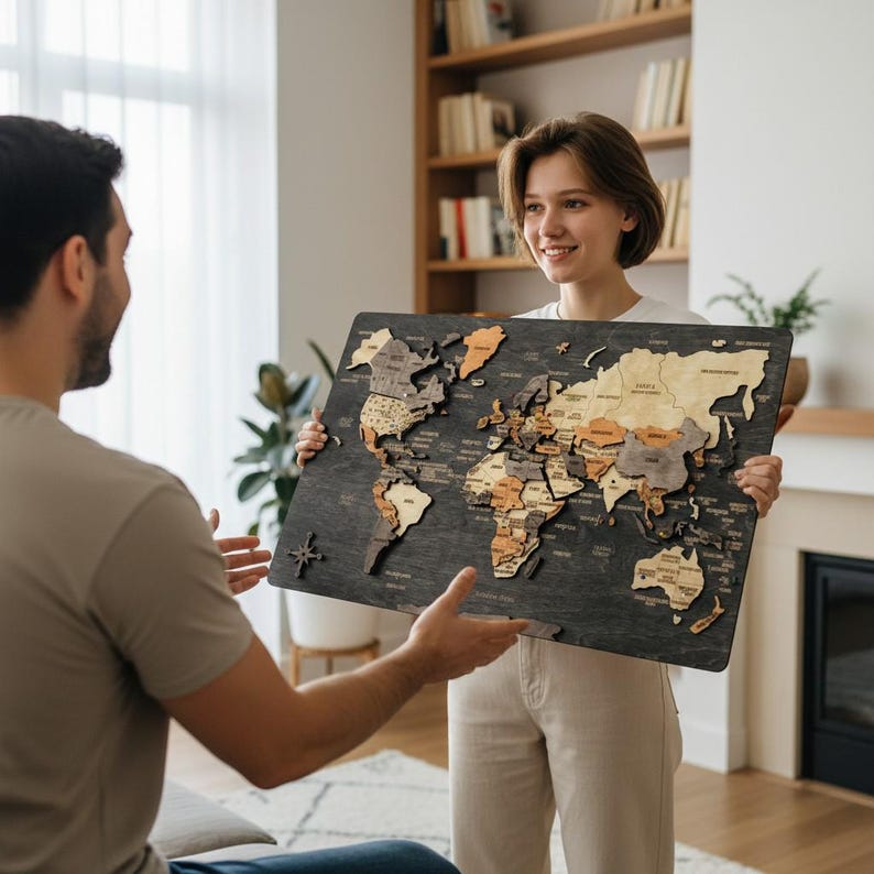 May include: A rectangular wooden world map wall art piece featuring a dark charcoal background with layered, multi-toned light and medium brown wooden continents. The map includes engraved country names and a decorative compass rose in the corner.