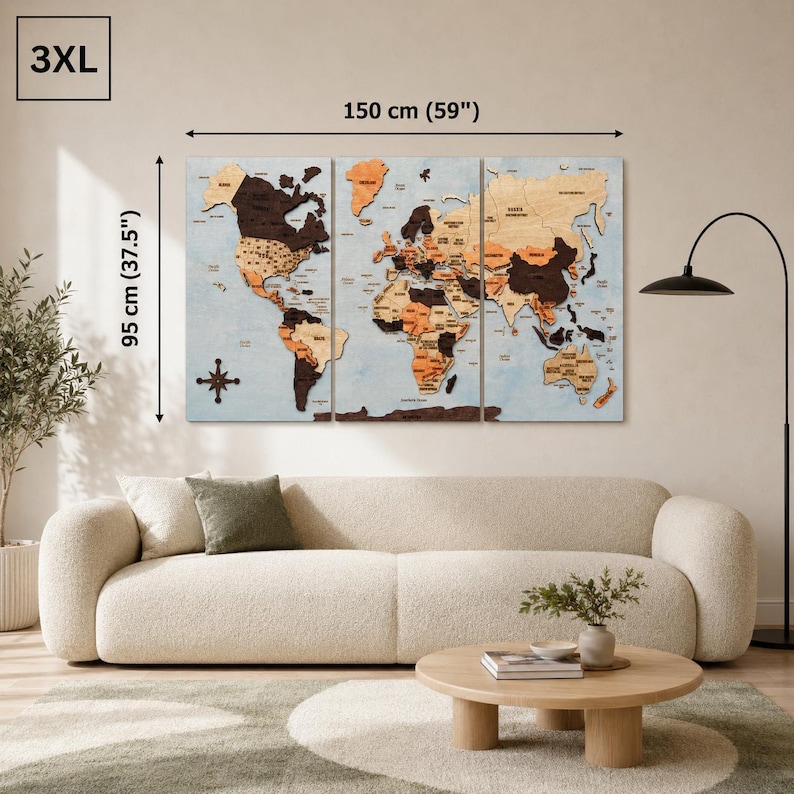 May include: A three-panel wooden world map wall art featuring varying shades of brown and tan continents on a light blue background. The map measures 150 cm by 95 cm, labeled as 3XL, with a compass rose in the lower left corner.