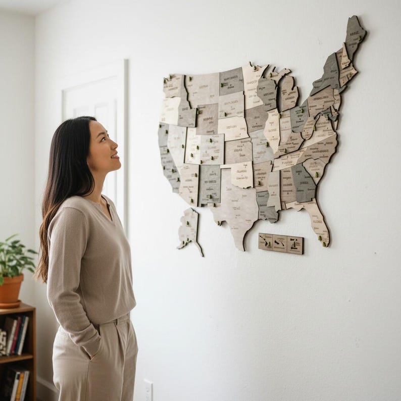 May include: A wooden map of the United States is mounted on a white wall. The map is made of various shades of gray and beige wood, with each state labeled. Small pins mark locations. A person is looking up at the map.