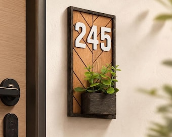 Modern Wood Address Sign with Planter Box, Custom House Number, Vertical Apartment Number Sign, Unique, New Home Gift Idea, Christmas Gift