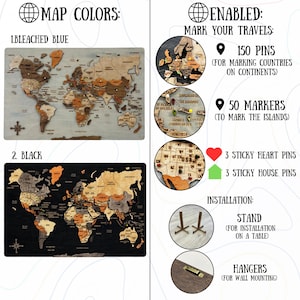 May include: A wooden world map set featuring two color options: bleached blue and black. Includes 150 continent pins, 50 island markers, 3 heart pins, 3 house pins, a table stand, and wall hangers for installation and travel tracking.