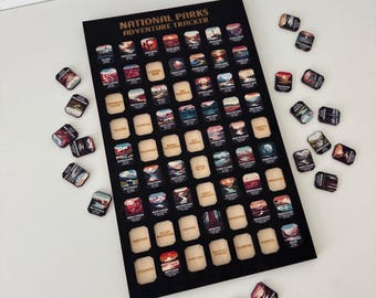 Personalized National Parks Tracker Board with 63 Illustrated Wooden Travel Tokens