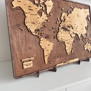 Wooden World Map with Pins – 3D Travel Map Wall Decor, Push Pin World Map, Wooden Map for Travelers, Personalized Travel Gift for Husband