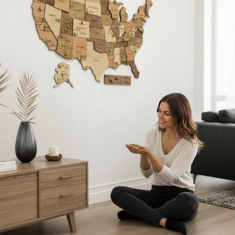May include: A wooden map of the United States is mounted on a white wall. The map is made of various shades of brown wood, with each state individually cut out. Green pins mark locations. A woman sits on the floor.