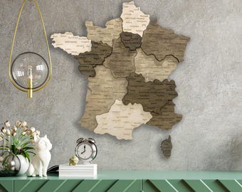 Mappa della Francia in legno da parete, mappa con puntine da disegno, decorazione da parete con mappa francese, regalo di inaugurazione della casa per un francese, regalo di anniversario, regalo di compleanno, carte de France
