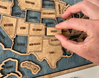 Wooden USA Puzzle Map, Puzzle Board, Educational Toy, Travel Map, Laser Cut 50 States Puzzle, Home Decor Gift, Wedding Gift,  Christmas Gift