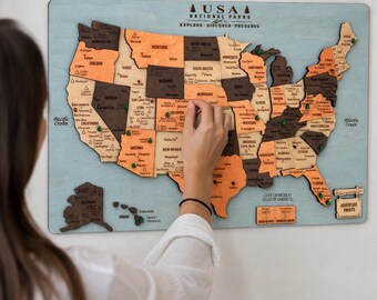 National Parks Gift for Couples - Personalized Wooden USA Travel Map - Hiking Adventure Tracker Board - 5th Anniversary Wood Gift for Him