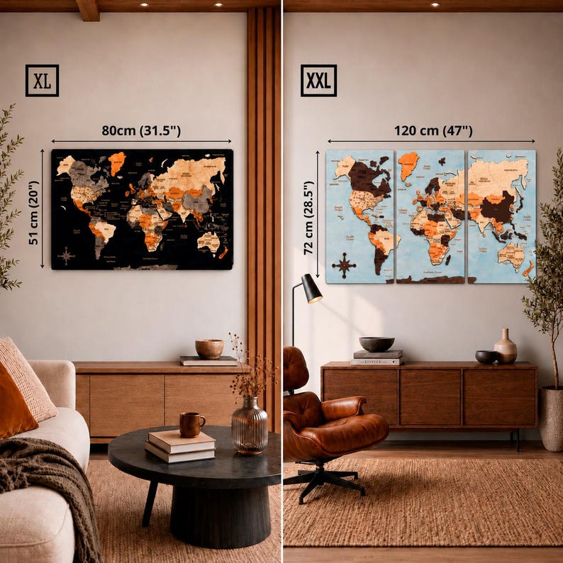 May include: Two wooden world map wall art displays. The XL version is 80cm (31.5 inches) by 51cm (20 inches) with a black background. The XXL version is 120cm (47 inches) by 72cm (28.5 inches) and consists of three panels on a light blue background.